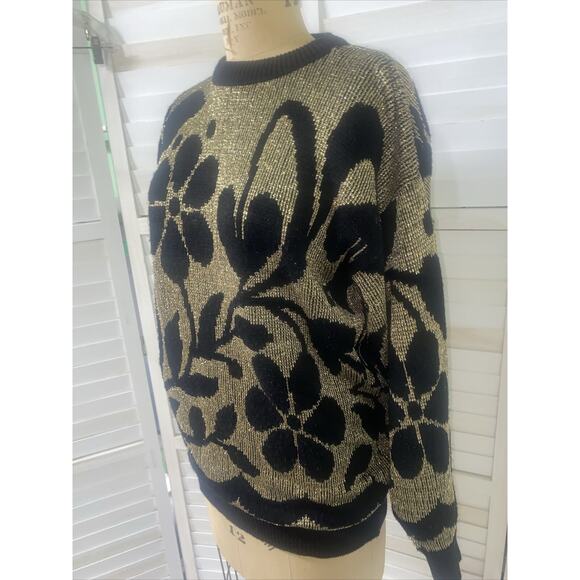 VINTAGE Jane Adams 80s Black Gold Oversized Sweater Preppy USA Made Sz Med / Lar - Picture 2 of 6